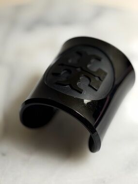 Tory Burch Black Logo Wide Cuff Bracelet Resin Enamel Statement
